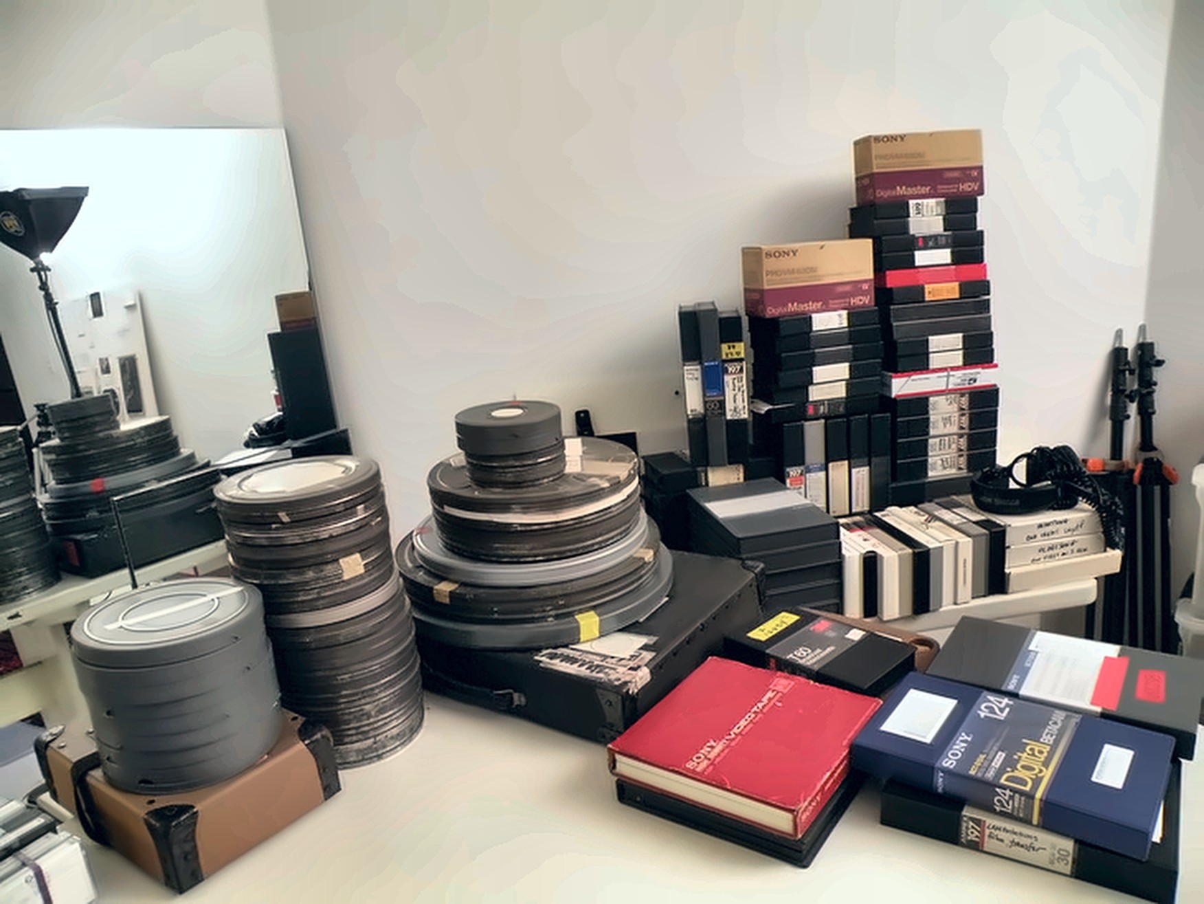 Film cans, video tapes and boxes of raw footage in the East 57th Street studio.